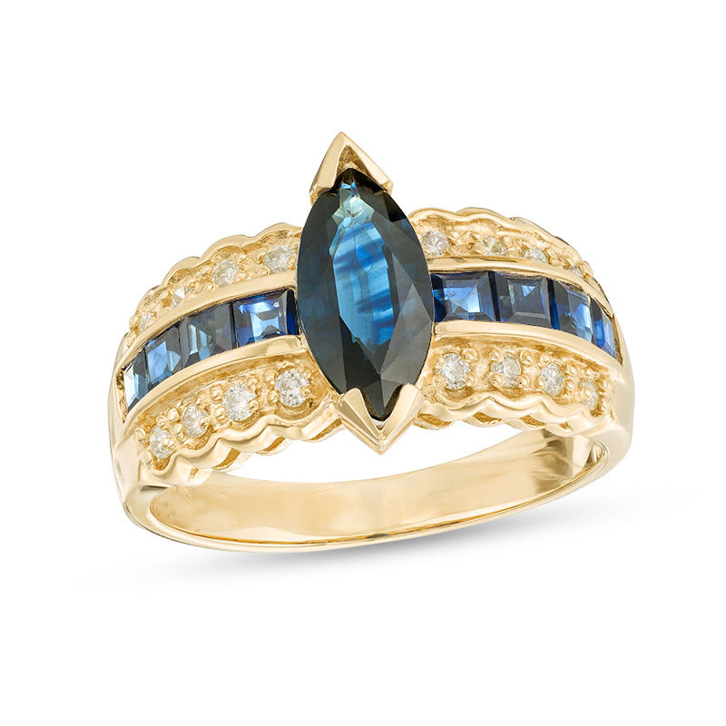 EFFY™ Collection Marquise Blue Sapphire and 1/6 CT. T.W. Diamond Scallop Shank Ring in 14K Gold