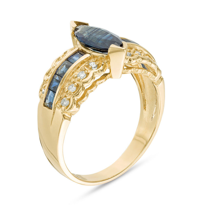 EFFY™ Collection Marquise Blue Sapphire and 1/6 CT. T.W. Diamond Scallop Shank Ring in 14K Gold