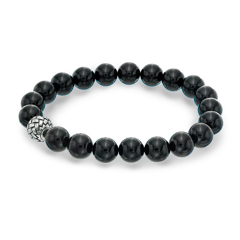 EFFY™ Collection Men's 10.0mm Onyx and Woven Textured Sterling Silver Bead Stretch Bracelet - 8.5"