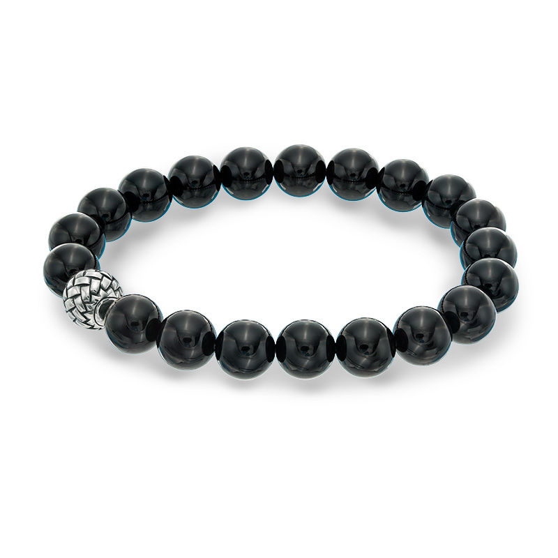 Main Image 1 of EFFY™ Collection Men's 10.0mm Onyx and Woven Textured Sterling Silver Bead Stretch Bracelet - 8.5"