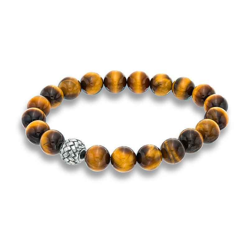 Main Image 1 of EFFY™ Collection 10.0mm Tiger's Eye and Woven Textured Sterling Silver Bead Stretch Bracelet - 8.5"