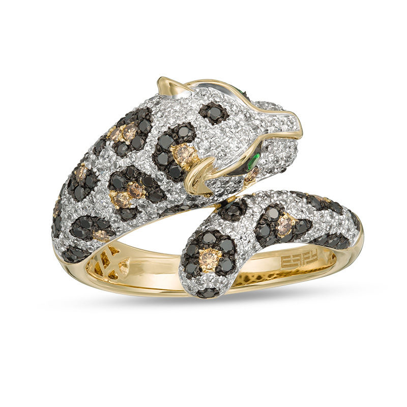 EFFY™ Collection Tsavorite and 1 CT. T.W. Black, Champagne and White Diamond Panther Bypass Ring in 14K Gold