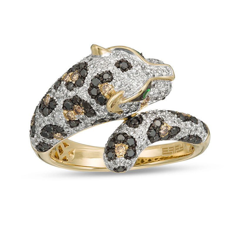 Main Image 1 of EFFY™ Collection Tsavorite and 1 CT. T.W. Black, Champagne and White Diamond Panther Bypass Ring in 14K Gold