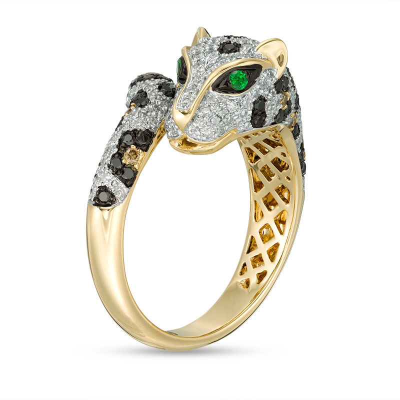 Main Image 2 of EFFY™ Collection Tsavorite and 1 CT. T.W. Black, Champagne and White Diamond Panther Bypass Ring in 14K Gold