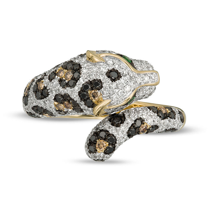 Main Image 3 of EFFY™ Collection Tsavorite and 1 CT. T.W. Black, Champagne and White Diamond Panther Bypass Ring in 14K Gold