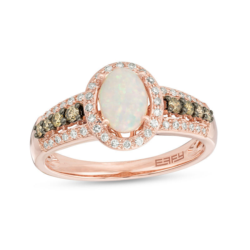 Main Image 1 of EFFY™ Collection Oval Opal and 1/3 CT. T.W. Champagne and White Diamond Frame Triple Row Ring in 14K Rose Gold