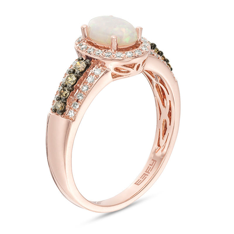 Main Image 2 of EFFY™ Collection Oval Opal and 1/3 CT. T.W. Champagne and White Diamond Frame Triple Row Ring in 14K Rose Gold