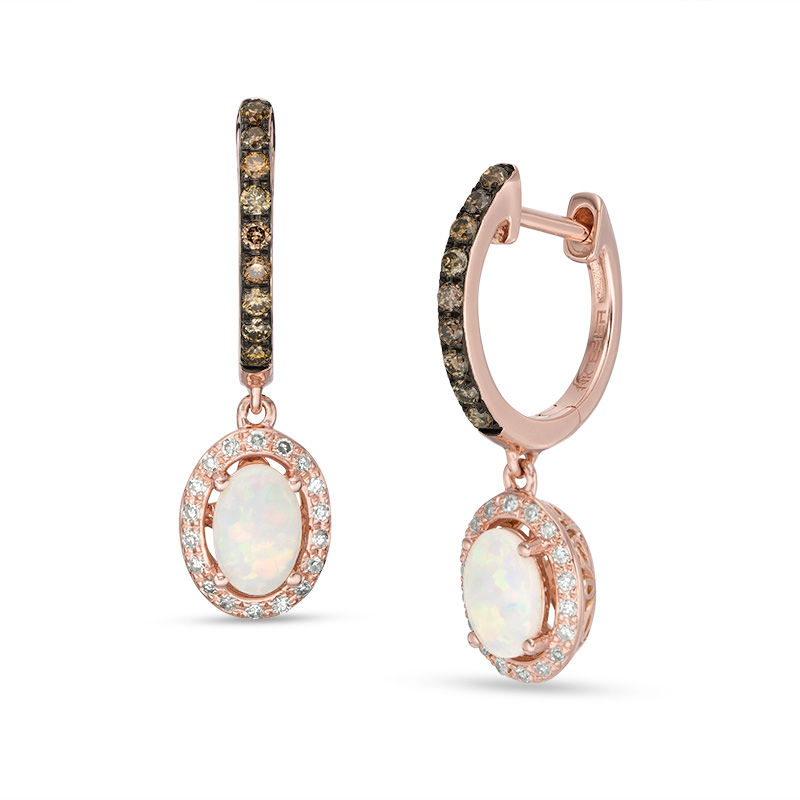 EFFY™ Collection Oval Opal and 1/3 CT. T.W. Champagne and White Diamond Frame Drop Earrings in 14K Rose Gold