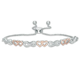 1/20 CT. T.W. Diamond Double Heart Infinity Alternating Bolo Bracelet in Sterling Silver and 10K Rose Gold - 9.5&quot;