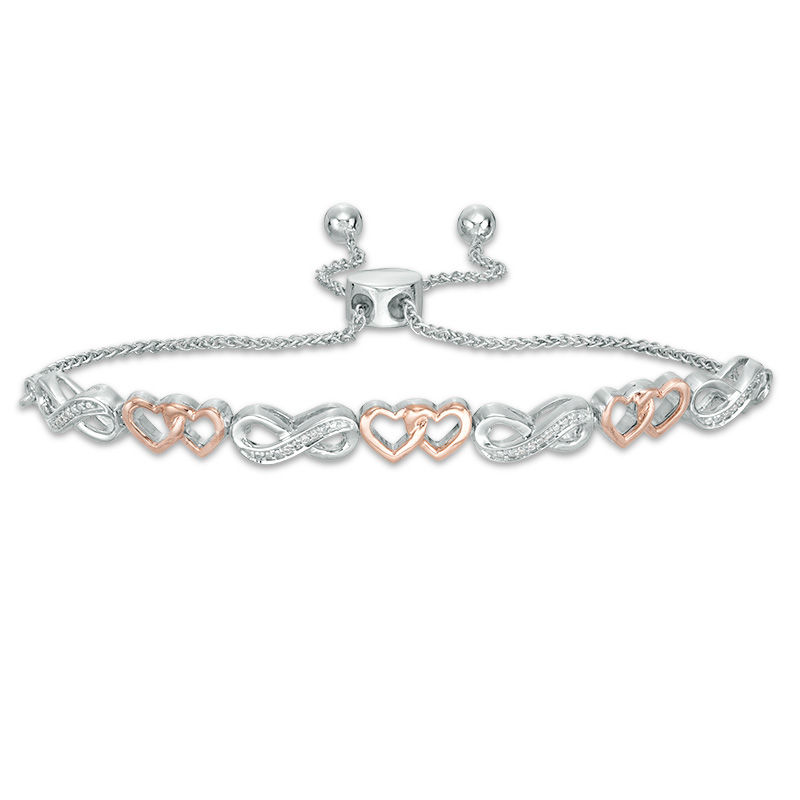 Main Image 1 of 1/20 CT. T.W. Diamond Double Heart Infinity Alternating Bolo Bracelet in Sterling Silver and 10K Rose Gold - 9.5"