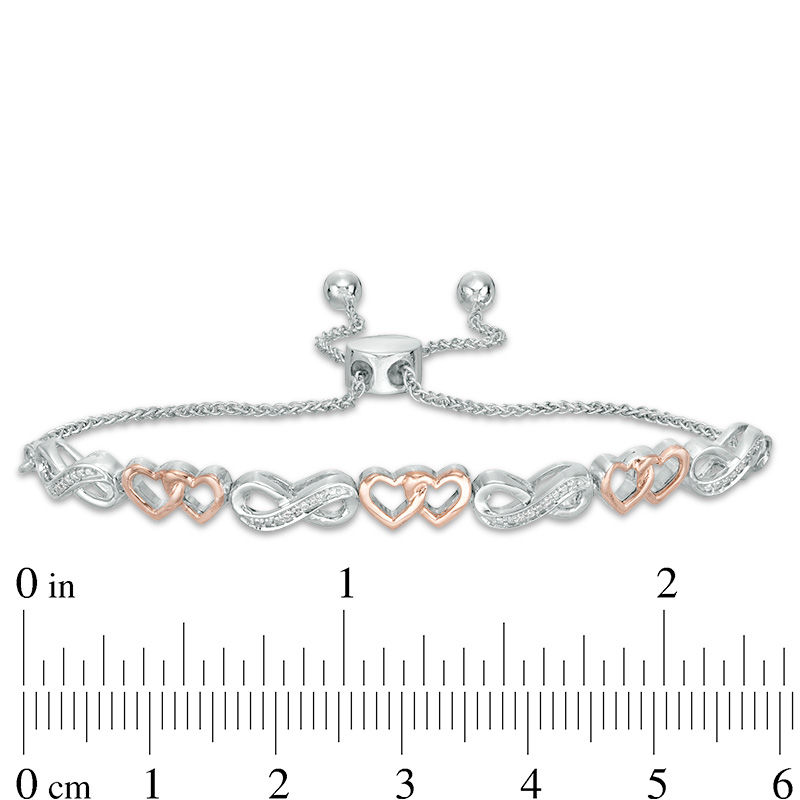 Main Image 2 of 1/20 CT. T.W. Diamond Double Heart Infinity Alternating Bolo Bracelet in Sterling Silver and 10K Rose Gold - 9.5"
