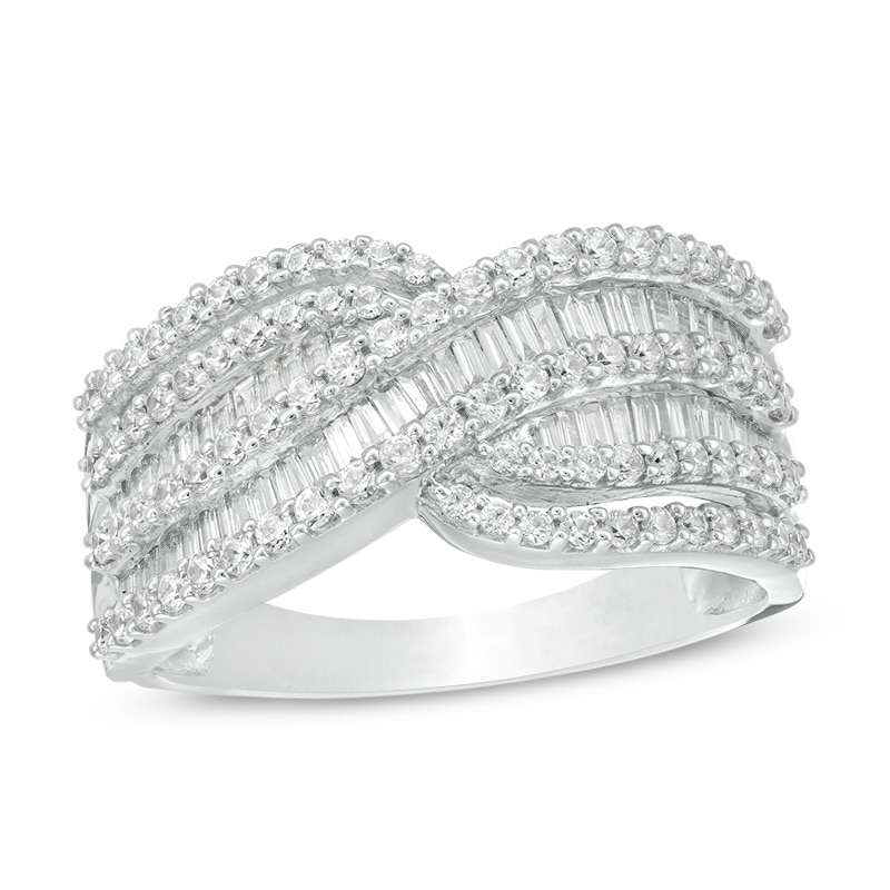 1 CT. T.W. Baguette and Round Diamond Multi-Row Crossover Ring in 10K White Gold