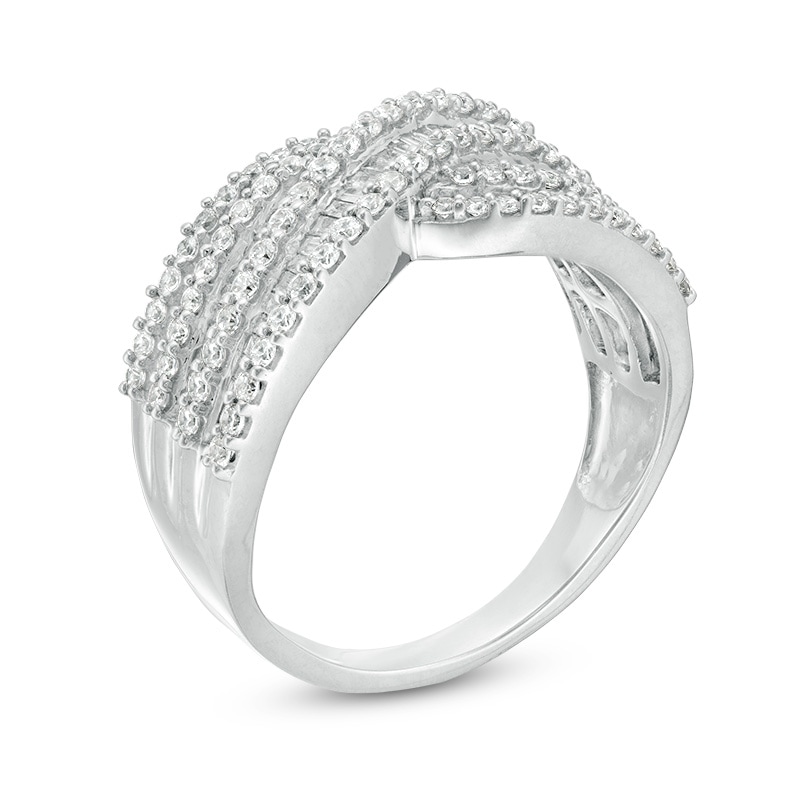 1 CT. T.W. Baguette and Round Diamond Multi-Row Crossover Ring in 10K White Gold
