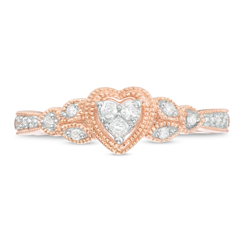 Main Image 3 of 1/10 CT. T.W. Heart-Shaped Composite Diamond Leaf Tri-Sides Vintage-Style Promise Ring in 10K Rose Gold
