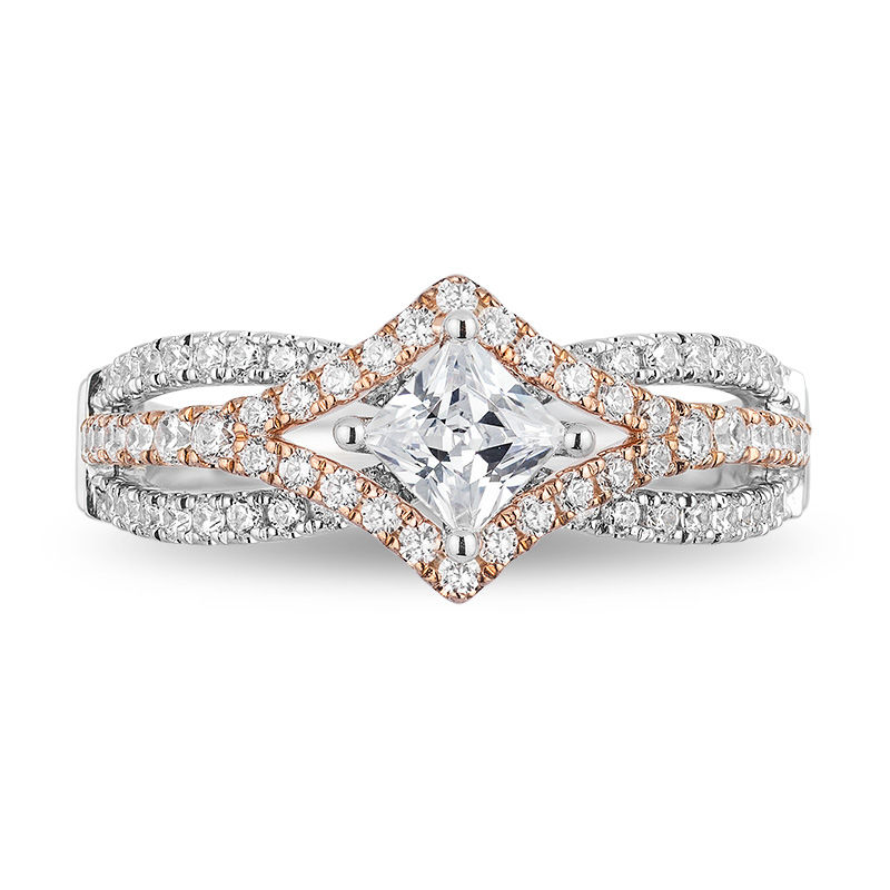 Enchanted Disney Aurora 1 CT. T.W. Princess-Cut Diamond Tilted Bypass Frame Engagement Ring in 14K Two-Tone Gold