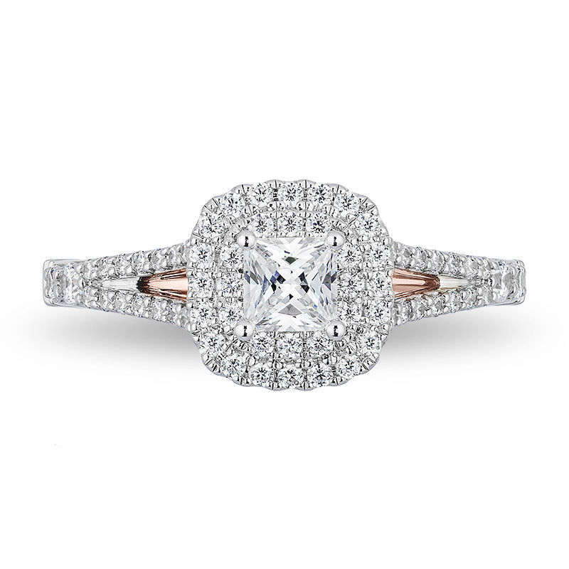 Main Image 4 of Enchanted Disney Belle 3/4 CT. T.W. Princess-Cut Diamond Double Frame Rose Engagement Ring in 14K Two-Tone Gold