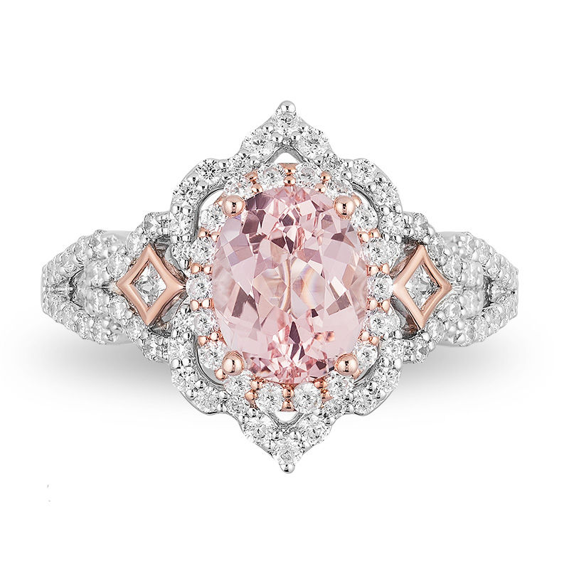Main Image 4 of Enchanted Disney Aurora Oval Morganite and 3/4 CT. T.W. Diamond Scallop Frame Engagement Ring in 14K Two-Tone Gold