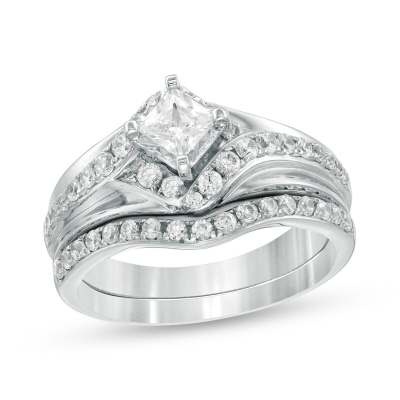 Main Image 1 of 1 CT. T.W. Princess-Cut Diamond Bypass Bridal Set in 10K White Gold