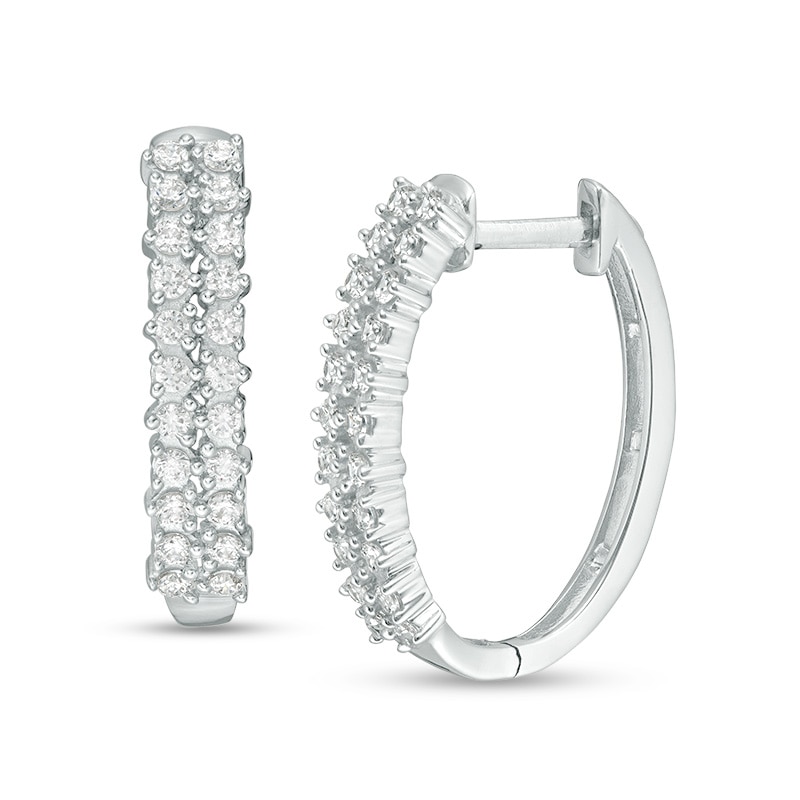 Main Image 1 of 1/2 CT. T.W. Diamond Double Row Hoop Earrings in 10K White Gold