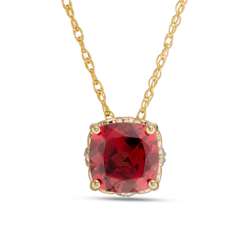 Main Image 1 of 6.0mm Cushion-Cut Garnet and Diamond Accent Filigree Vintage-Style Pendant in 10K Gold