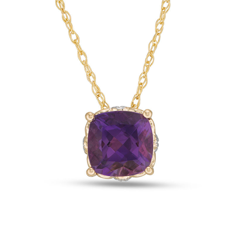 Main Image 1 of 6.0mm Cushion-Cut Amethyst and Diamond Accent Filigree Vintage-Style Pendant in 10K Gold
