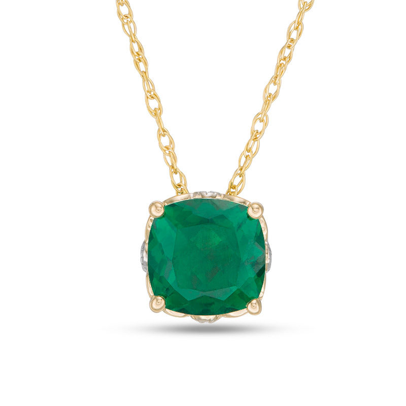 Main Image 1 of 6.0mm Cushion-Cut Lab-Created Emerald and Diamond Accent Filigree Vintage-Style Pendant in 10K Gold
