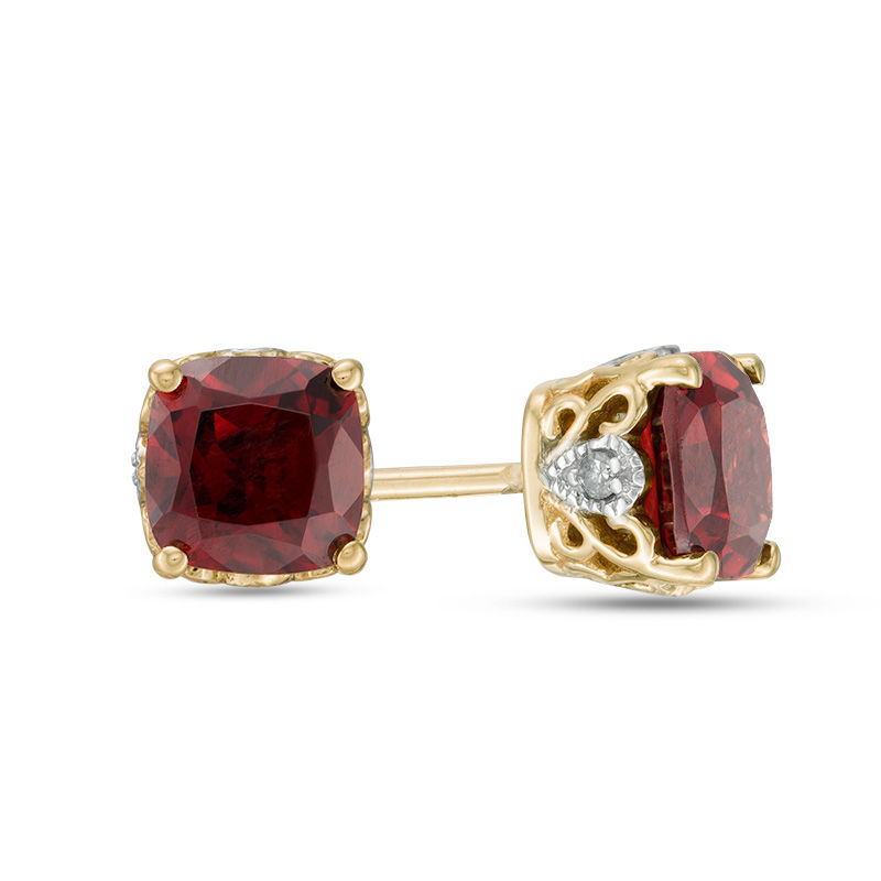 Main Image 1 of 5.0mm Cushion-Cut Garnet and Diamond Accent Filigree Vintage-Style Stud Earrings in 10K Gold