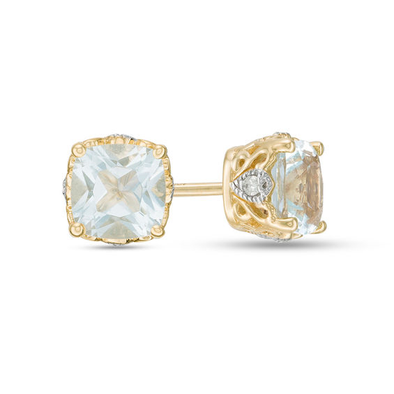 5.0mm Cushion-Cut Aquamarine and Diamond Accent Filigree Vintage-Style Stud Earrings in 10K Gold 5.0mm Cushion-Cut Aquamarine and Diamond Accent Filigree Vintage-Style Stud Earrings in 10K Gold
