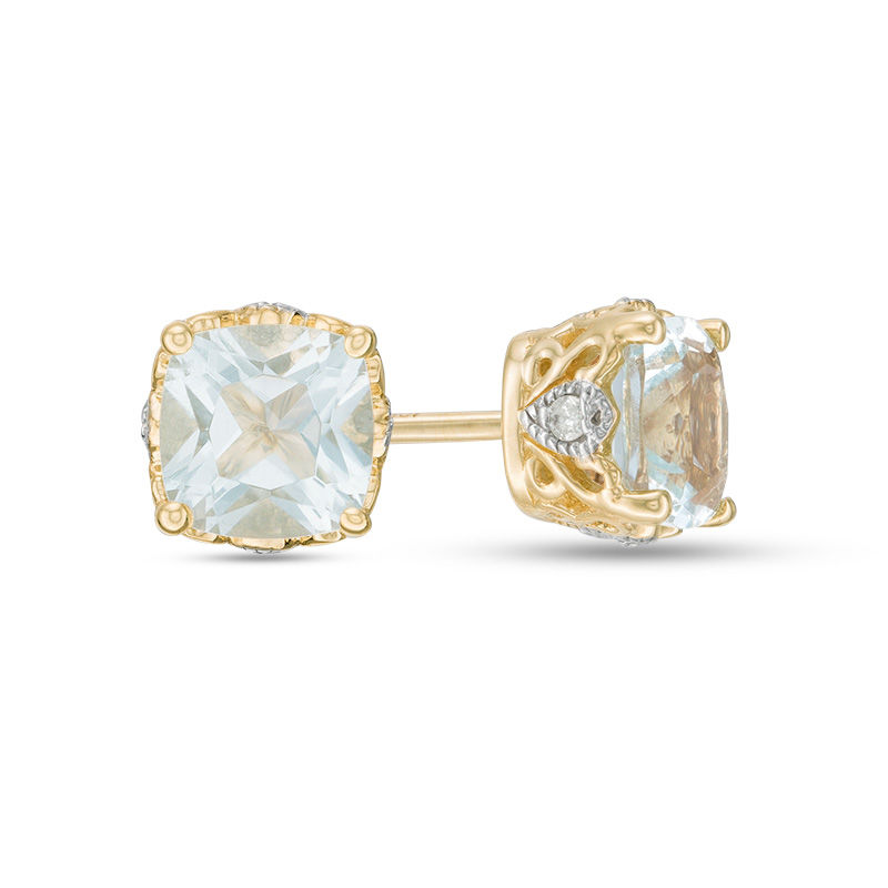5.0mm Cushion-Cut Aquamarine and Diamond Accent Filigree Vintage-Style Stud Earrings in 10K Gold