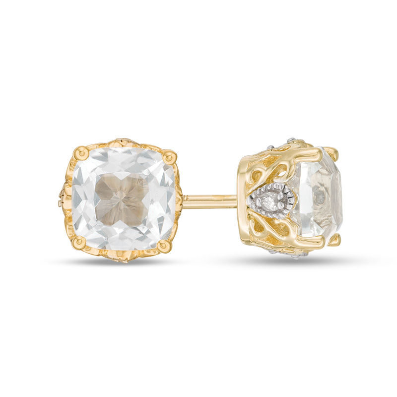 5.0mm Cushion-Cut White Topaz and Diamond Accent Filigree Vintage-Style Stud Earrings in 10K Gold