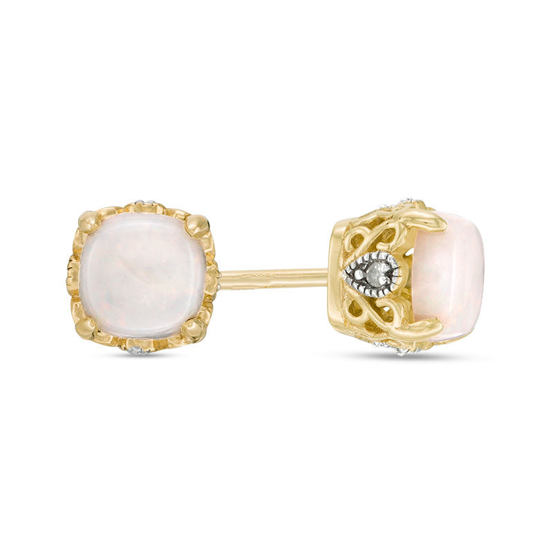 Main Image 1 of 5.0mm Cushion-Cut Opal and Diamond Accent Filigree Vintage-Style Stud Earrings in 10K Gold