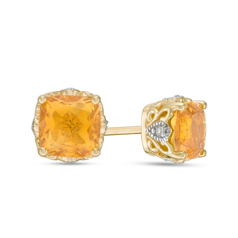 5.0mm Cushion-Cut Citrine and Diamond Accent Filigree Vintage-Style Stud Earrings in 10K Gold