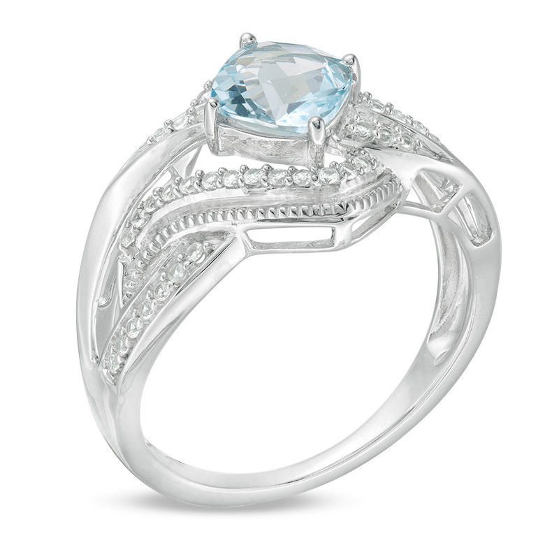 Main Image 2 of 6.0mm Cushion-Shaped Sky Blue Topaz and Lab-Created White Sapphire Bypass Ring in Sterling Silver