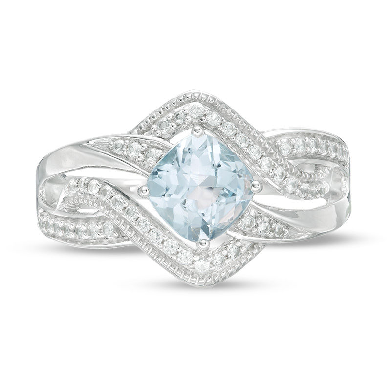 Main Image 3 of 6.0mm Cushion-Shaped Sky Blue Topaz and Lab-Created White Sapphire Bypass Ring in Sterling Silver