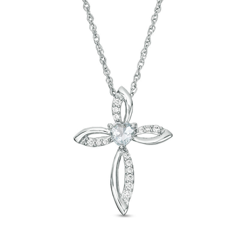Main Image 1 of 4.0mm Heart-Shaped Aquamarine and Lab-Created White Sapphire Pointed Loop Cross Pendant in Sterling Silver