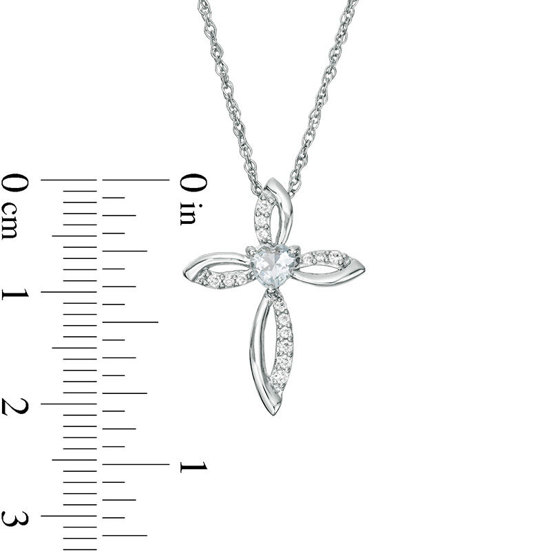 4.0mm Heart-Shaped Aquamarine and Lab-Created White Sapphire Pointed Loop Cross Pendant in Sterling Silver