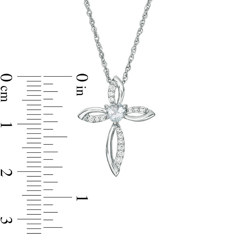 Main Image 2 of 4.0mm Heart-Shaped Aquamarine and Lab-Created White Sapphire Pointed Loop Cross Pendant in Sterling Silver