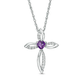 4.0mm Heart-Shaped Amethyst and Lab-Created White Sapphire Pointed Loop Cross Pendant in Sterling Silver