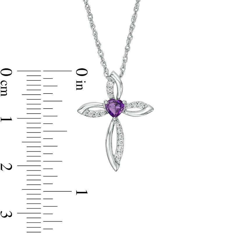 Main Image 2 of 4.0mm Heart-Shaped Amethyst and Lab-Created White Sapphire Pointed Loop Cross Pendant in Sterling Silver