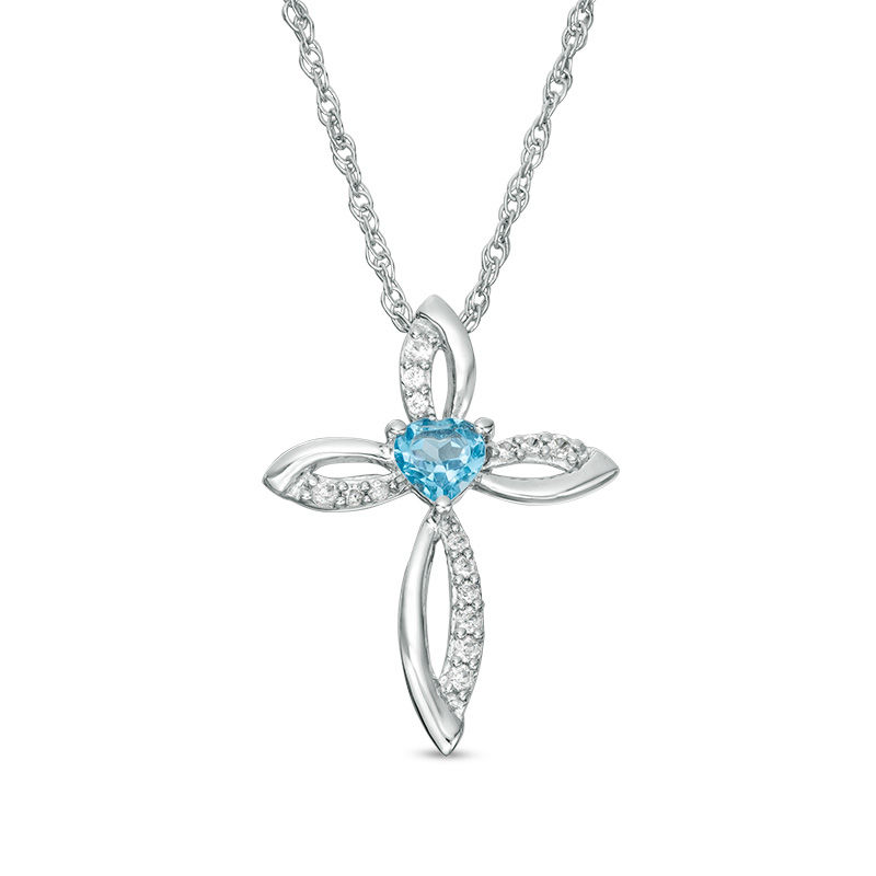 4.0mm Heart-Shaped Swiss Blue Topaz and Lab-Created White Sapphire Pointed Loop Cross Pendant in Sterling Silver