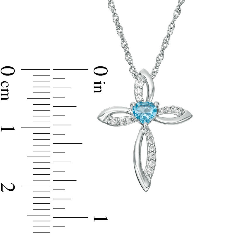 4.0mm Heart-Shaped Swiss Blue Topaz and Lab-Created White Sapphire Pointed Loop Cross Pendant in Sterling Silver
