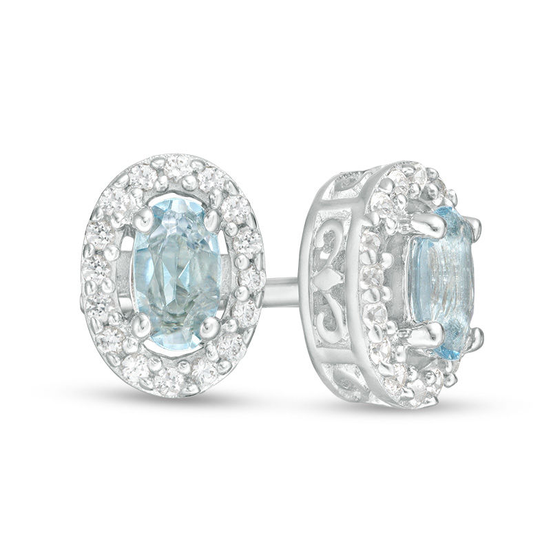 Oval Aquamarine and Lab-Created White Sapphire Frame Stud Earrings in Sterling Silver