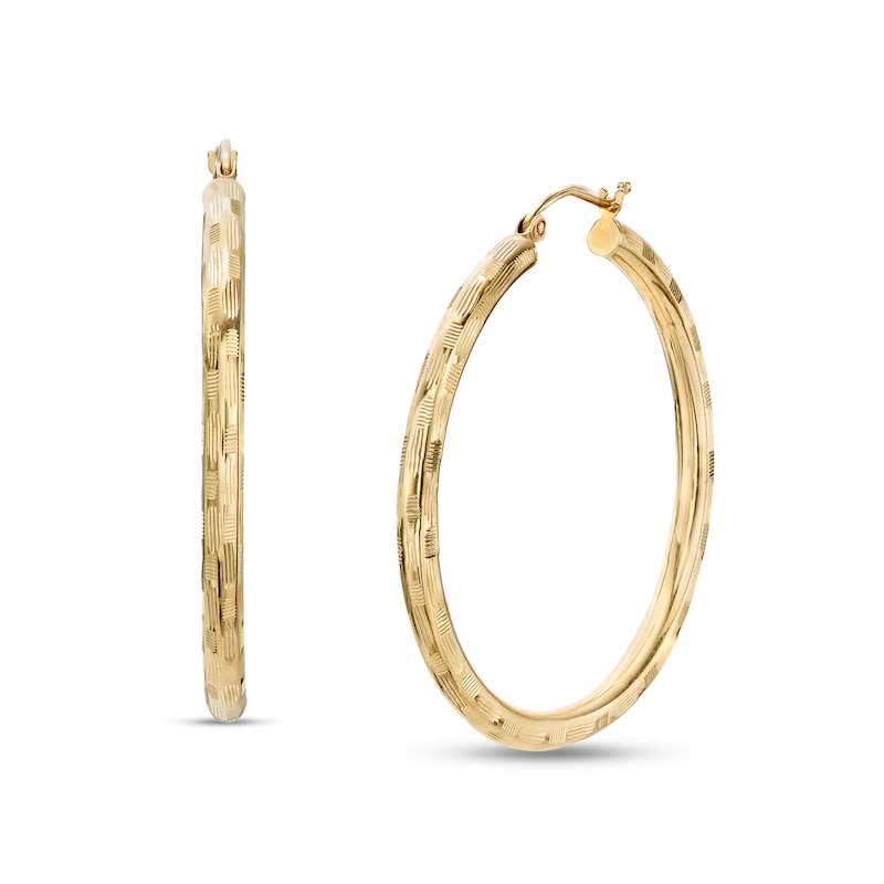 Main Image 1 of 3.0mm Diamond-Cut Basket Weave Tube Hoop Earrings in 10K Gold