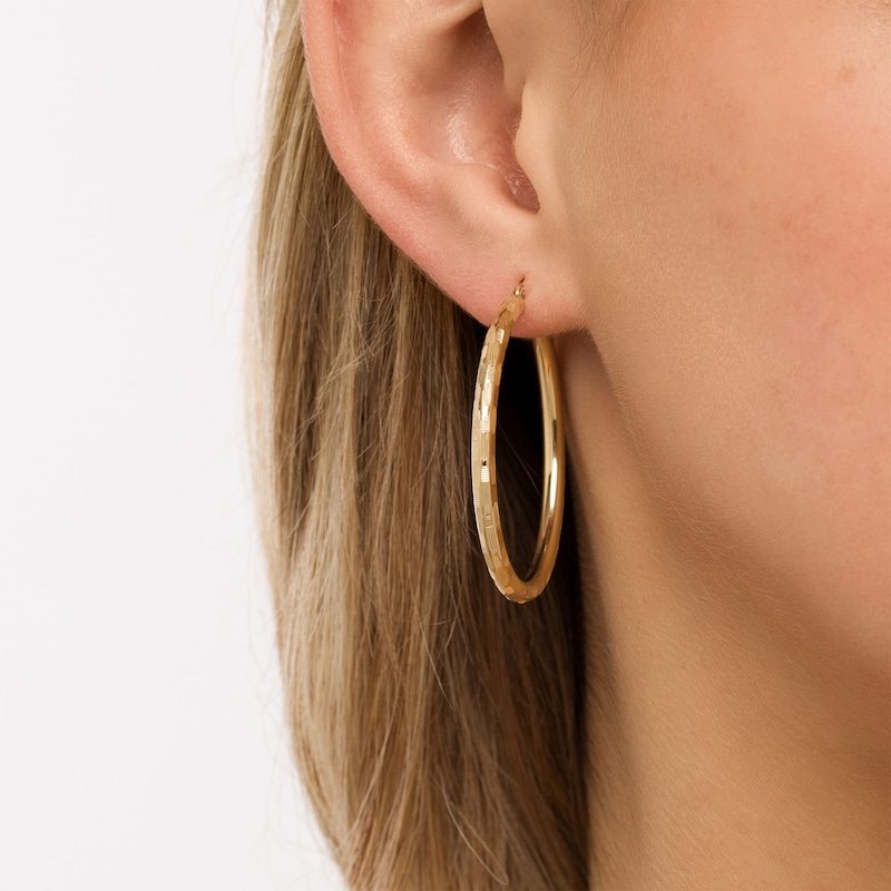 Main Image 2 of 3.0mm Diamond-Cut Basket Weave Tube Hoop Earrings in 10K Gold