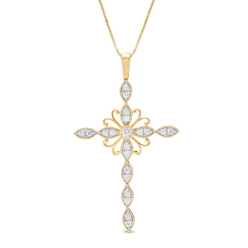 Main Image 1 of 1/2 CT. T.W. Diamond Ornate Vintage-Style Cross Pendant in 10K Gold
