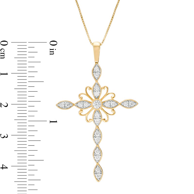 Main Image 2 of 1/2 CT. T.W. Diamond Ornate Vintage-Style Cross Pendant in 10K Gold