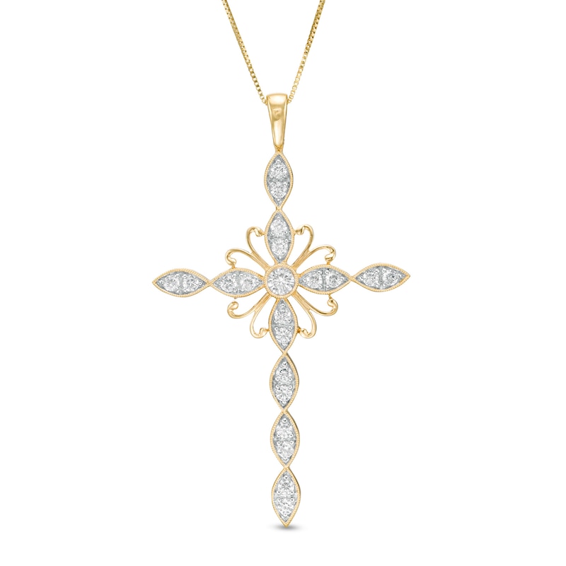 1 CT. T.W. Diamond Ornate Vintage-Style Cross Pendant in 10K Gold