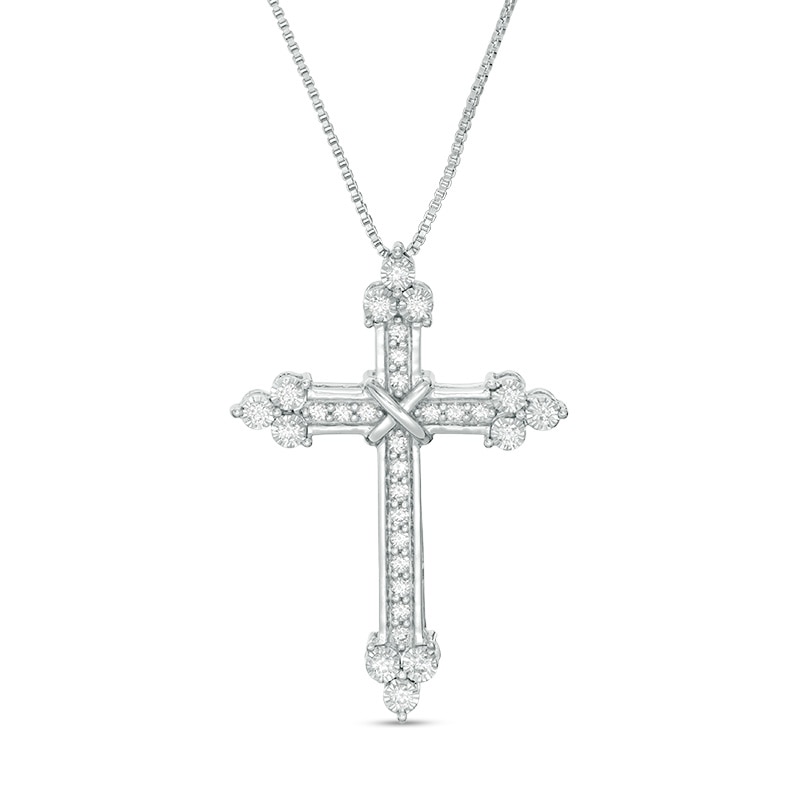 Main Image 1 of 3/8 CT. T.W. Diamond Flared Cross Pendant in 10K White Gold
