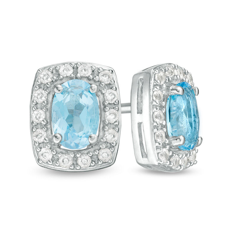Oval Swiss Blue Topaz and Lab-Created White Sapphire Cushion Frame Stud Earrings in Sterling Silver
