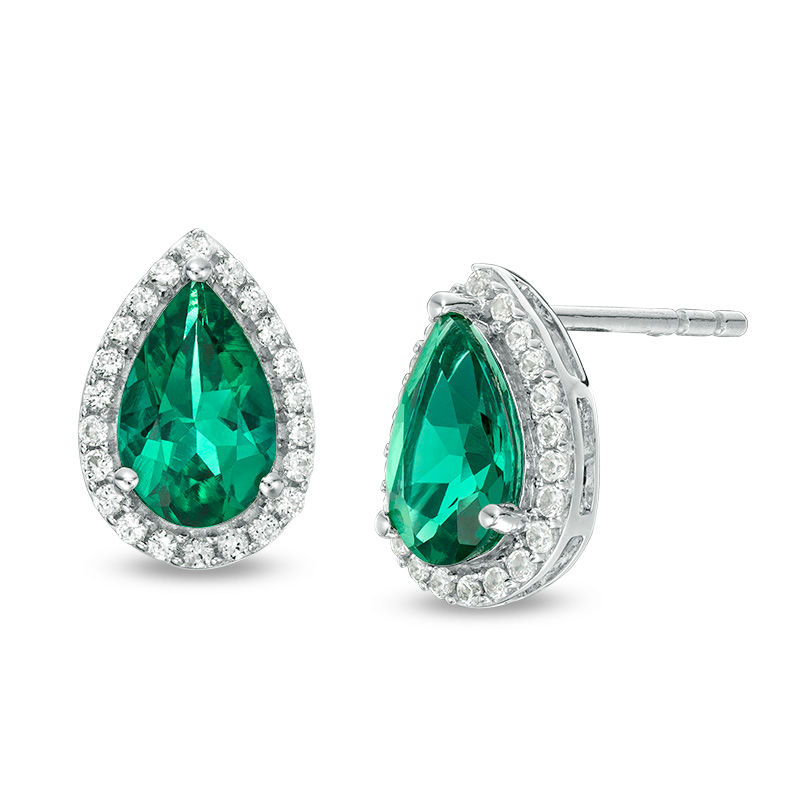 Pear-Shaped Lab-Created Emerald and White Sapphire Frame Stud Earrings in Sterling Silver
